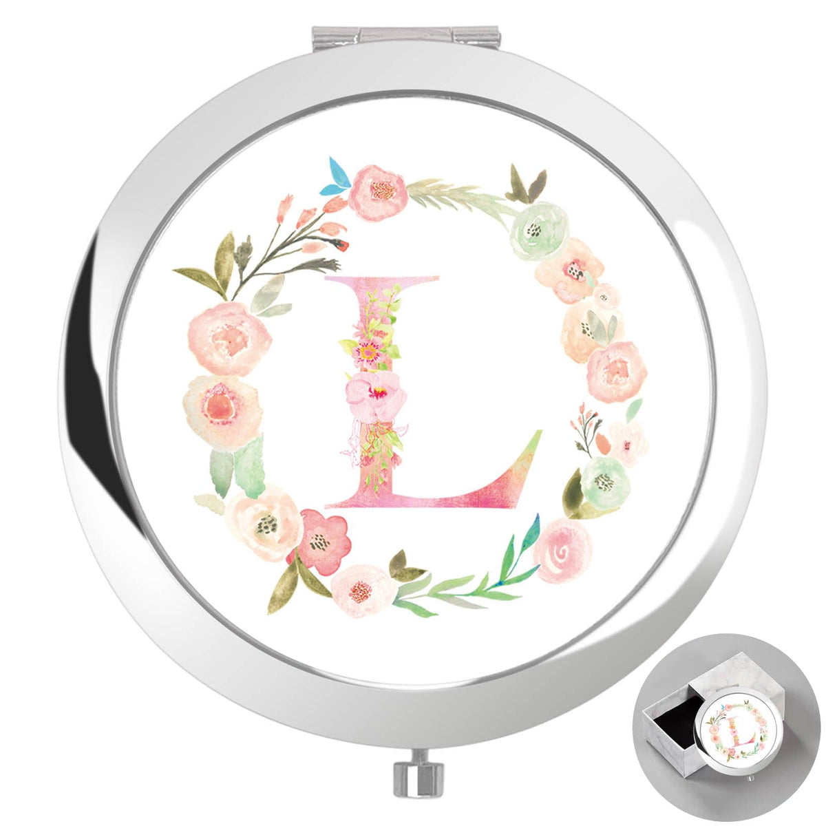 Boutikpro Personalized Floral Compact Mirror With Box - Silver Initial Gift For Women, Mom, Sister