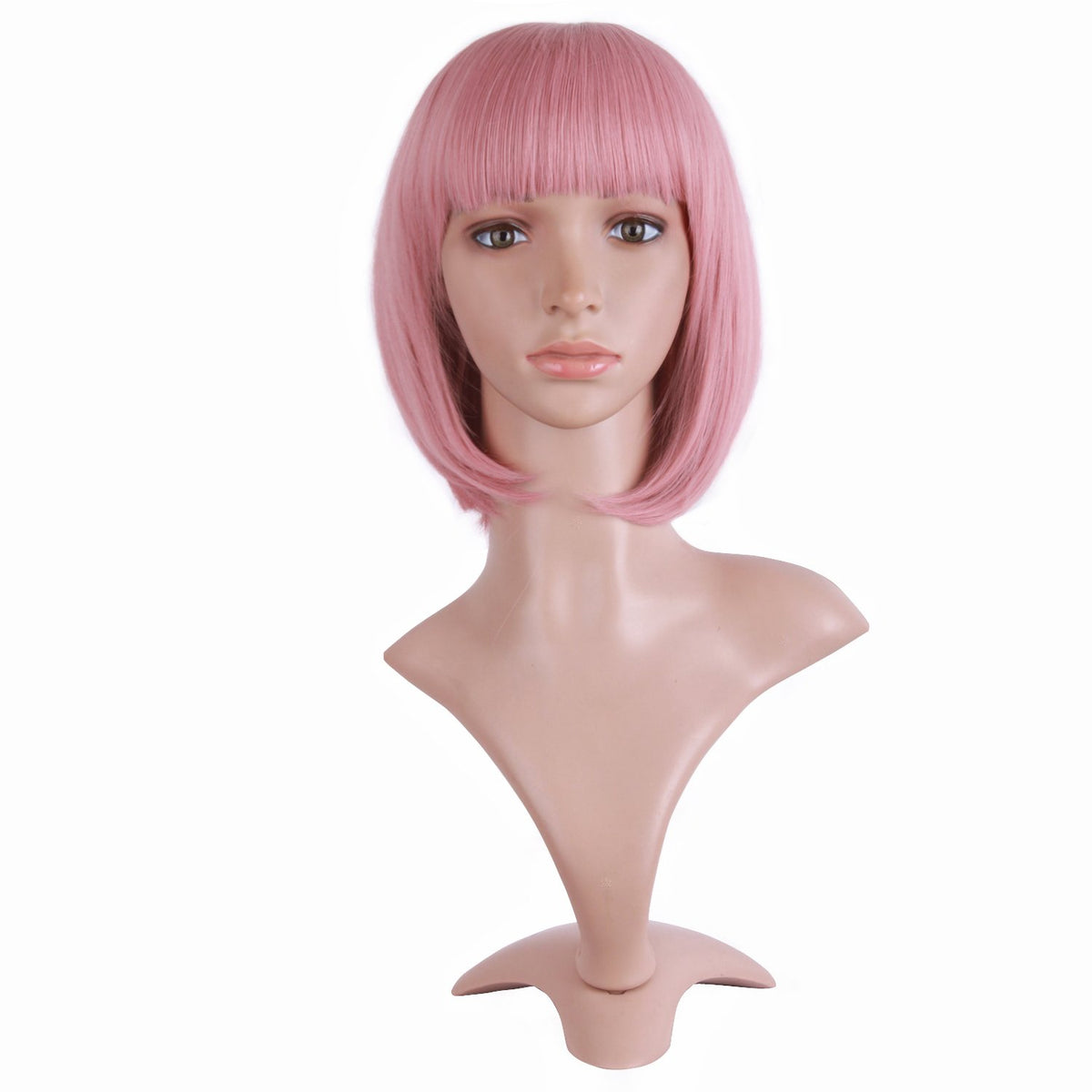 Mapofbeauty 12 Inch Rouge Pink Short Straight Bob Wig With Flat Bangs - Fashion Lady Style