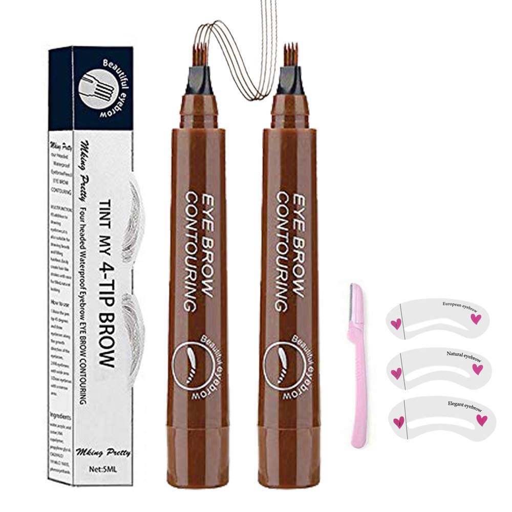 Quemiss Microblading Eyebrow Pen - Waterproof 4 Points Pencil For Natural Brows, Light Brown