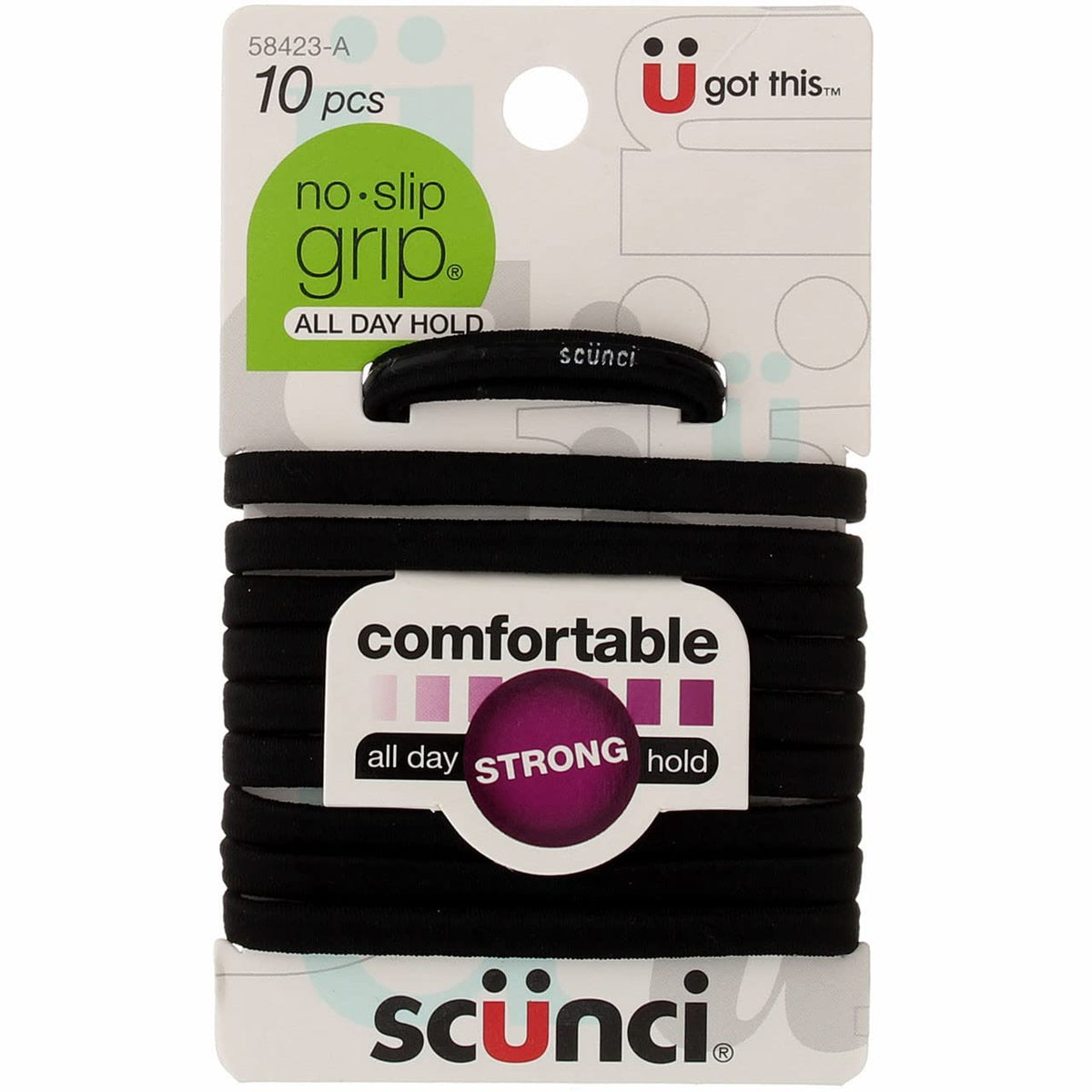 Scunci No-Slip Grip Black Elastics, 10 Count (Pack Of 2) - All Day Hold Hair Ties