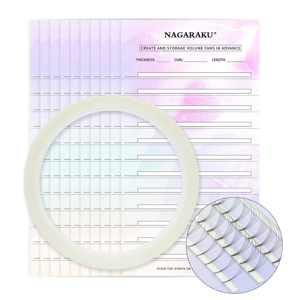 Nagaraku Premade Fans Eyelash Extension Storage Card Set - 20 Sheets, 1 Roll Tape, White