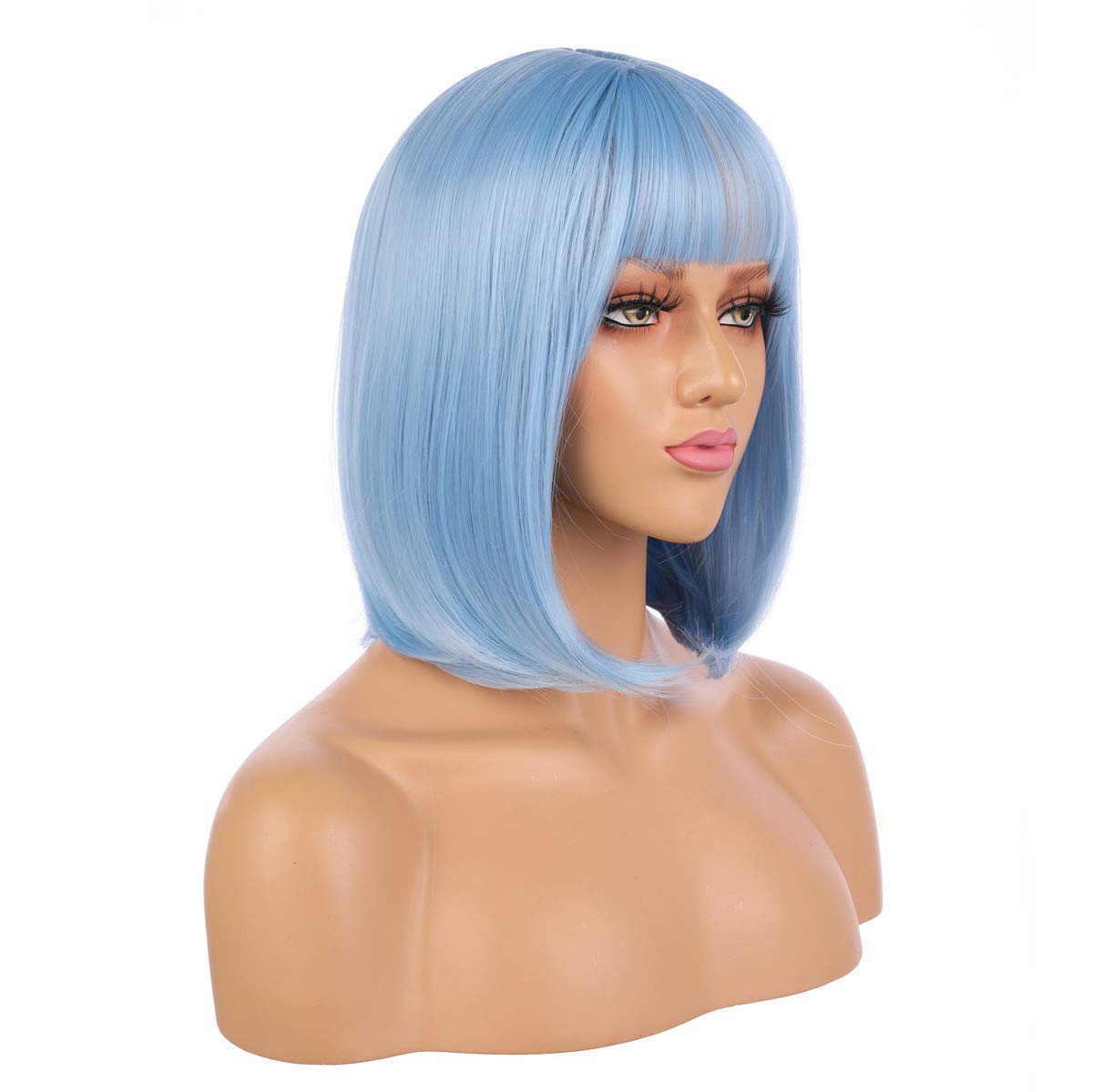 Enilecor 12&quot; Light Blue Short Bob Wig With Bangs - Synthetic Cosplay & Daily Wear Hairpiece