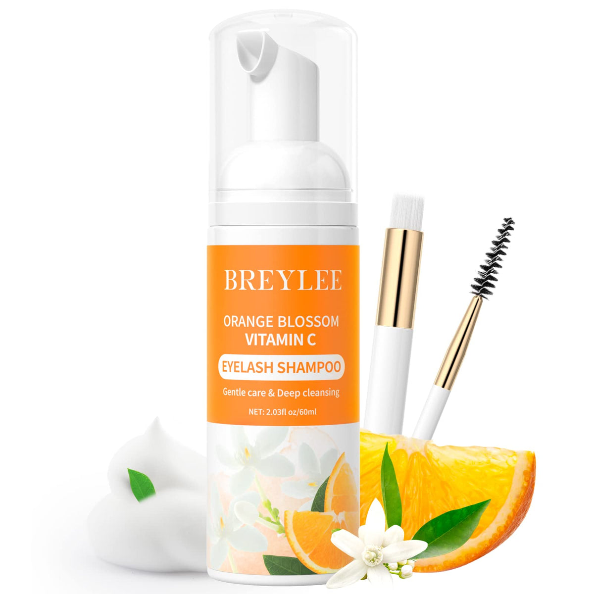 Breylee Eyelash Extension Cleanser - Orange Blossom Lash Shampoo 60Ml + Brush, Sulfate Free