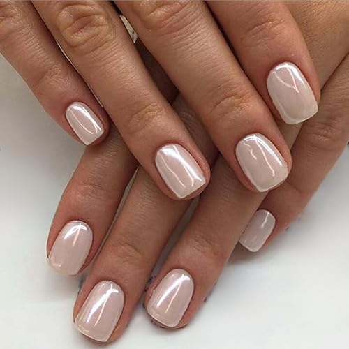 GLAMERMAID Valentine's Day Extra Short Squoval Press on Nails, 24Pcs Glossy White Pearl Chrome