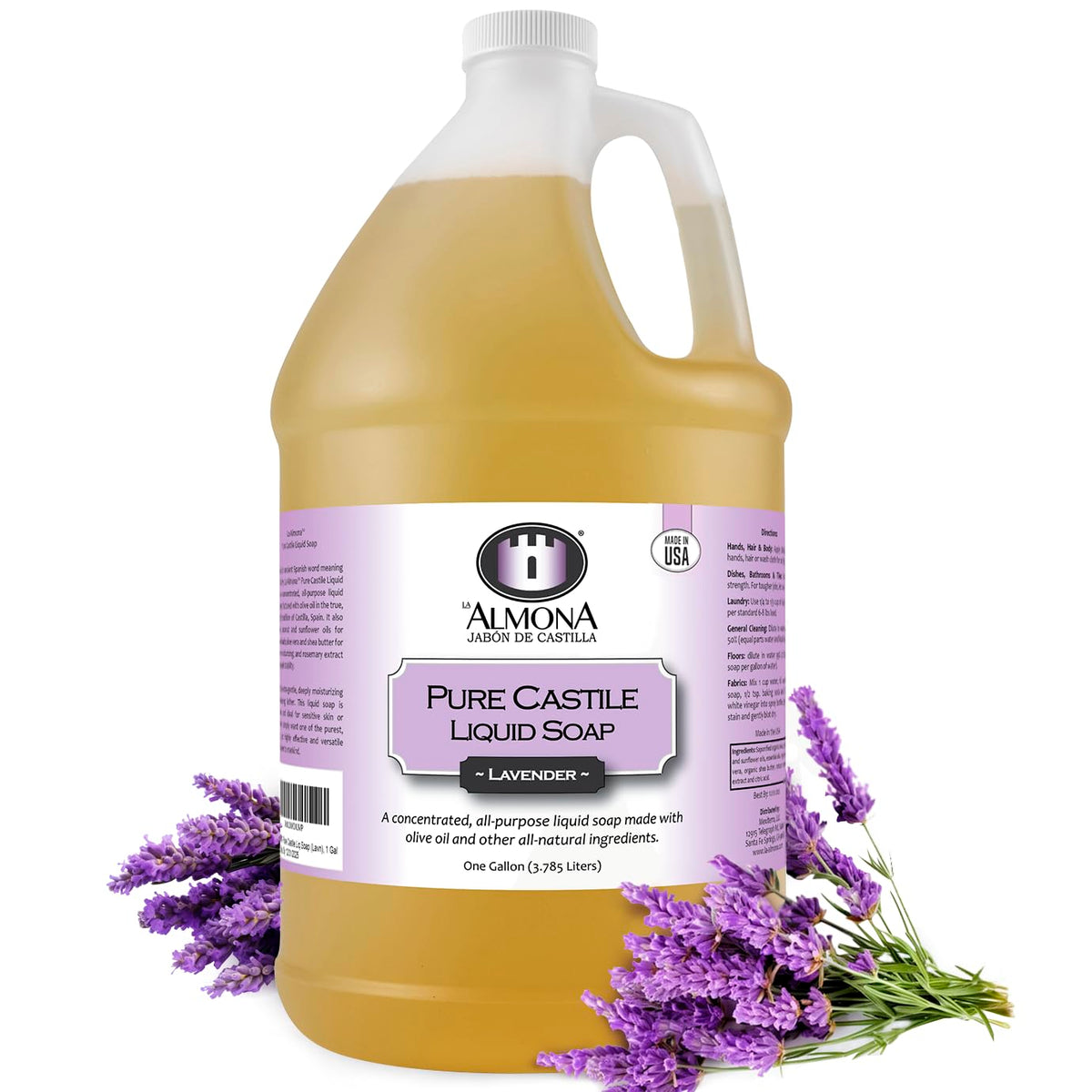 La Almona Lavender Pure Castile Liquid Soap, 1 Gallon - For Hands, Face, Body & Laundry