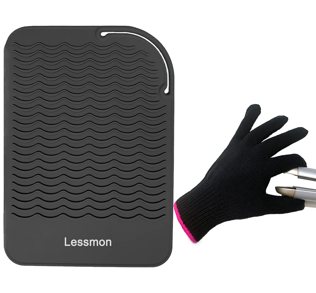 Lessmon Flat Iron Travel Mat & Heat Resistant Glove - Black Silicone Protector for Styling Tools