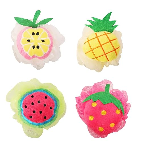 Rocutus 4Pcs Kids Bath Shower Sponge Poufs - Cute Flower Loofahs With Hooks For Travel