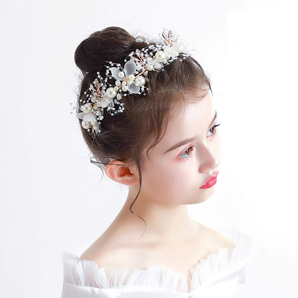 Prdgirl Rhinestone Pearl Hair Accessories - Gold Vine Halo Tiara For Little Girls