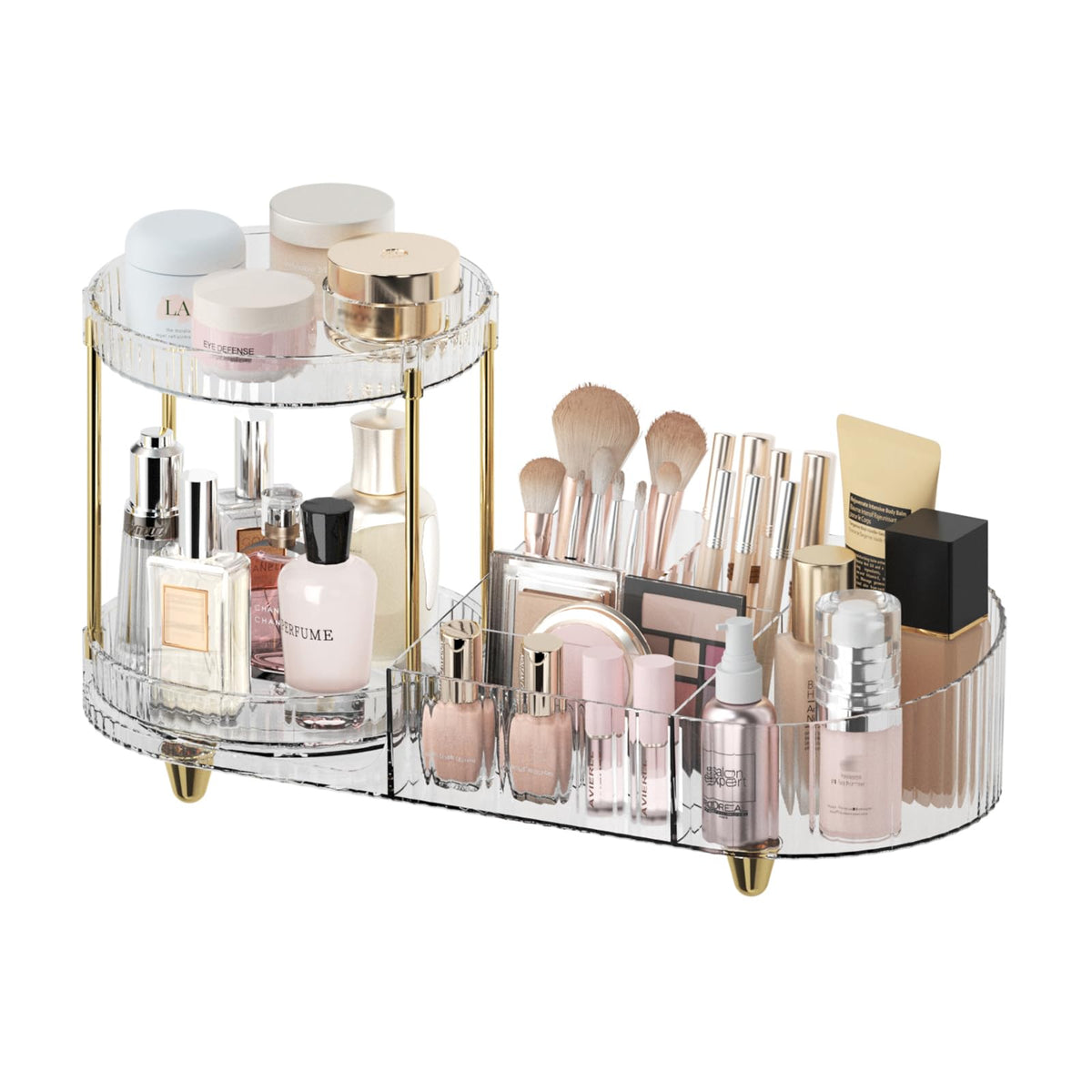 Jywantful Clear Makeup Organizer - Rotating Perfume Tray & 5-Compartment Skincare Holder