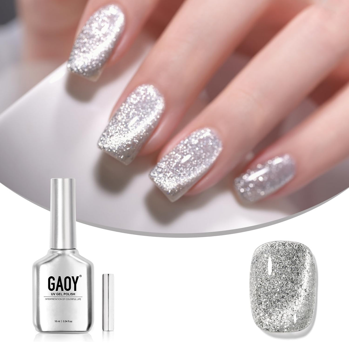 Gaoy Platinum Cat Eye Gel Nail Polish 16Ml - Silver Glitter Holographic Uv Gel, Star Shower