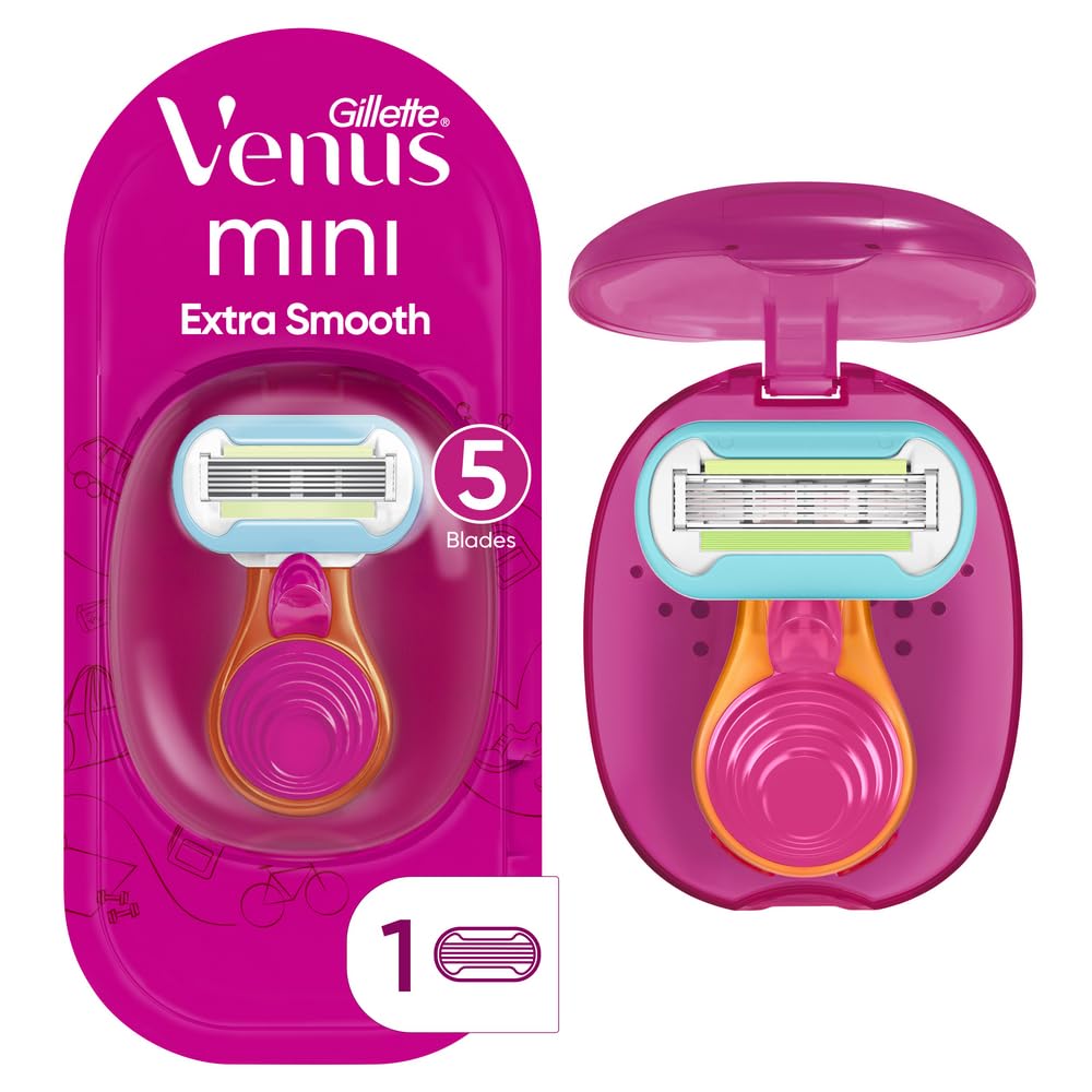 Gillette Venus Extra Smooth Women'S Travel Razor Kit, Mini Handle, 5 Blades, Pink