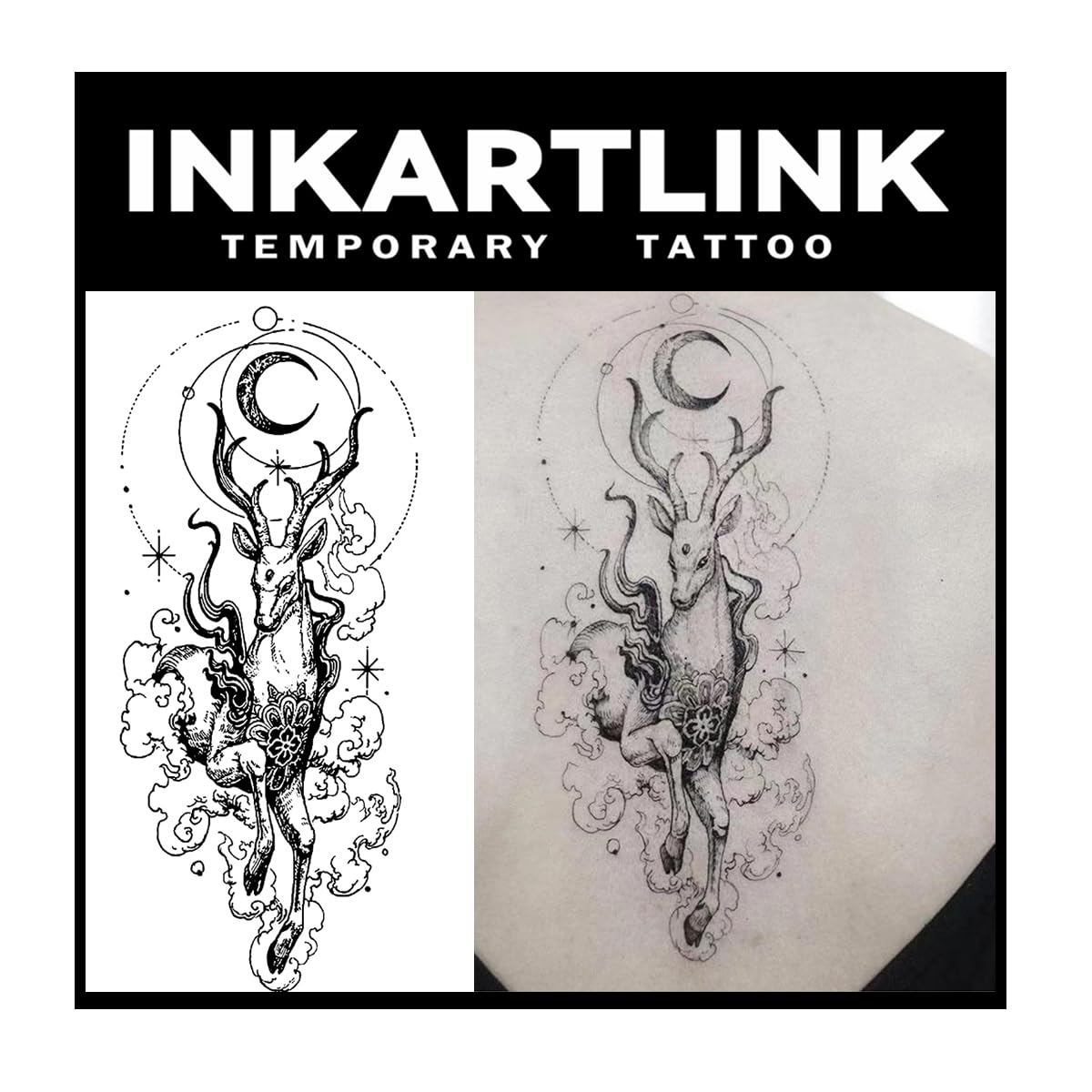 Inkartlink Large Semi-Permanent Tattoo - Celestial Deer Design, Waterproof, Lasts 1-2 Weeks