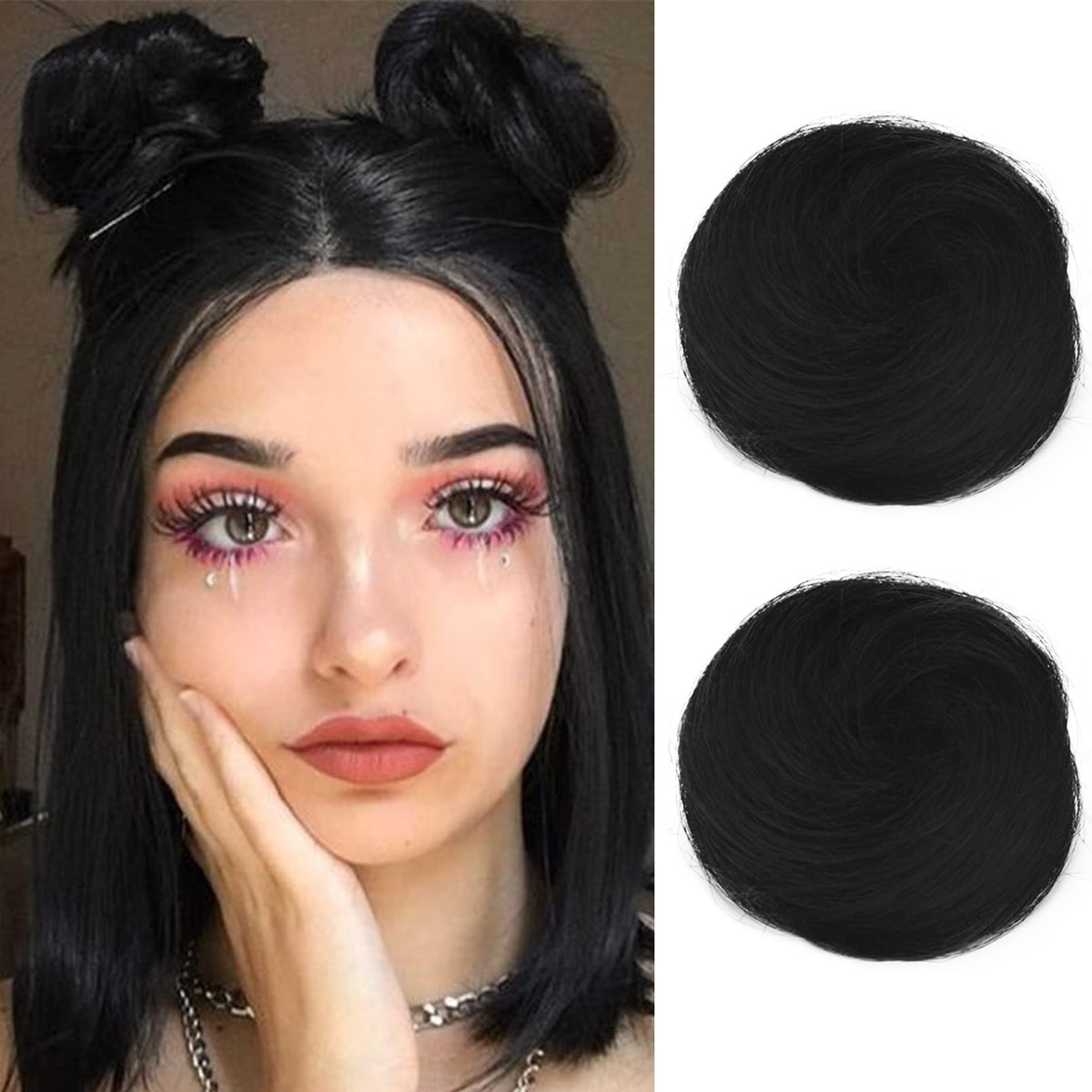 REECHO 2 PCS Space Bun Hair Pieces, Mini Claw Clip Messy Bun Extensions, Natural Black