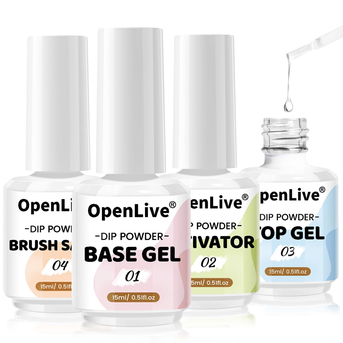 Openlive Dipping Powder Liquid Set (Base Coat, Activator, Matte Sealer) With 4 Nail Brushes