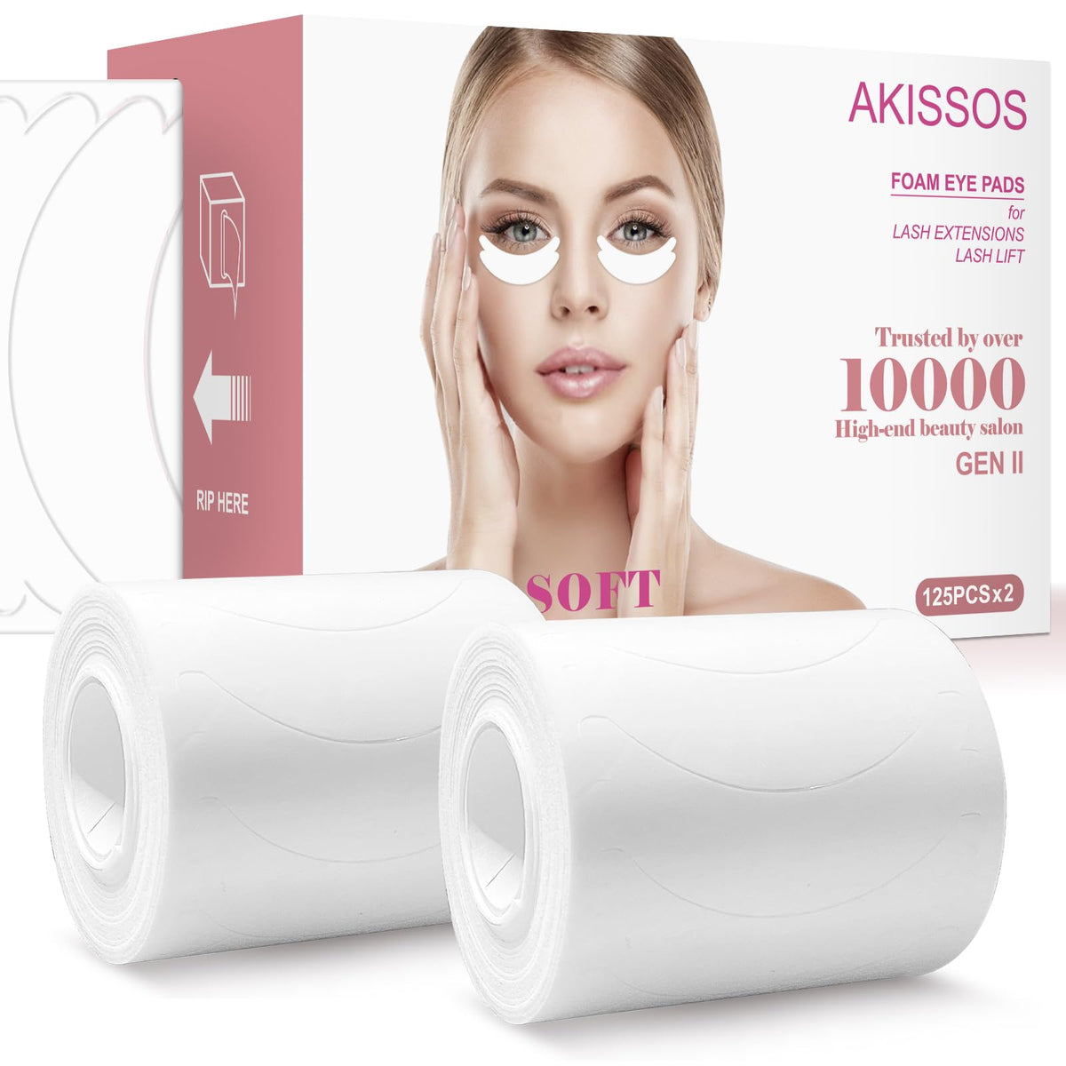 Akissos Lash Foam Pads - 250 Pcs Hypoallergenic Under Eye Tape For Eyelash Extensions, 2 Rolls