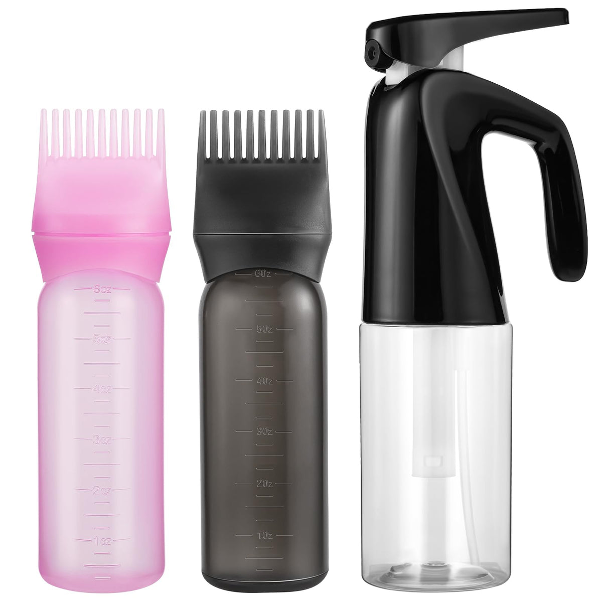 Pimoys 3 Pcs Hair Oil Applicator & Continuous Spray Bottle Set - Pink & Black