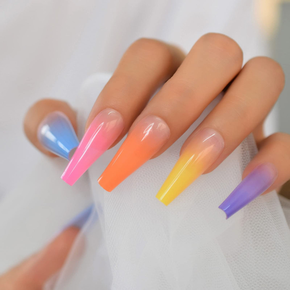 Coolnail Ombre Rainbow Coffin False Nails, 24 Pcs, Long Gel Summer Colors - Reusable