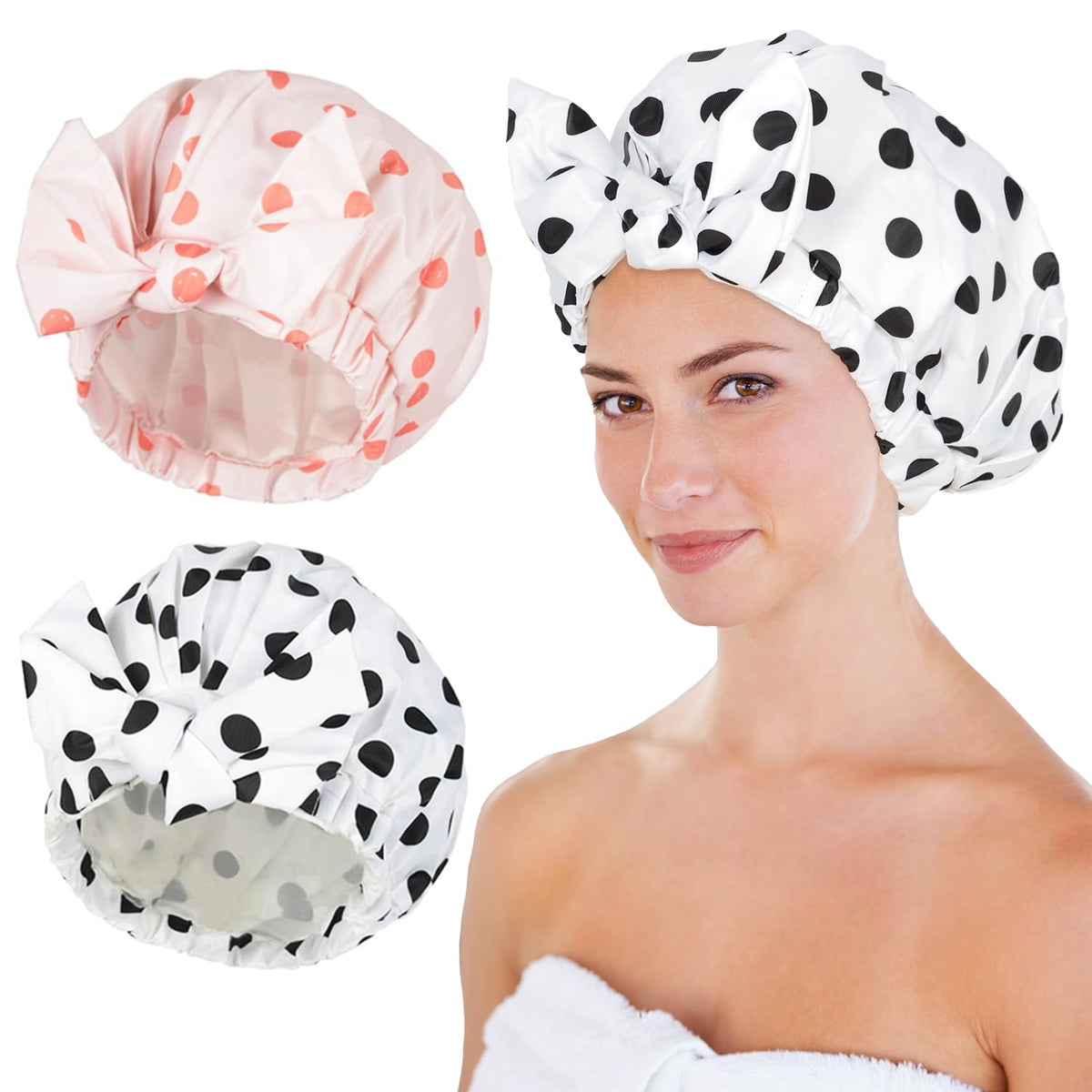 Luvruitaky Reusable Shower Cap 2Pcs Waterproof Hair Cap With Adjustable Bowknot, Black & Pink Dot