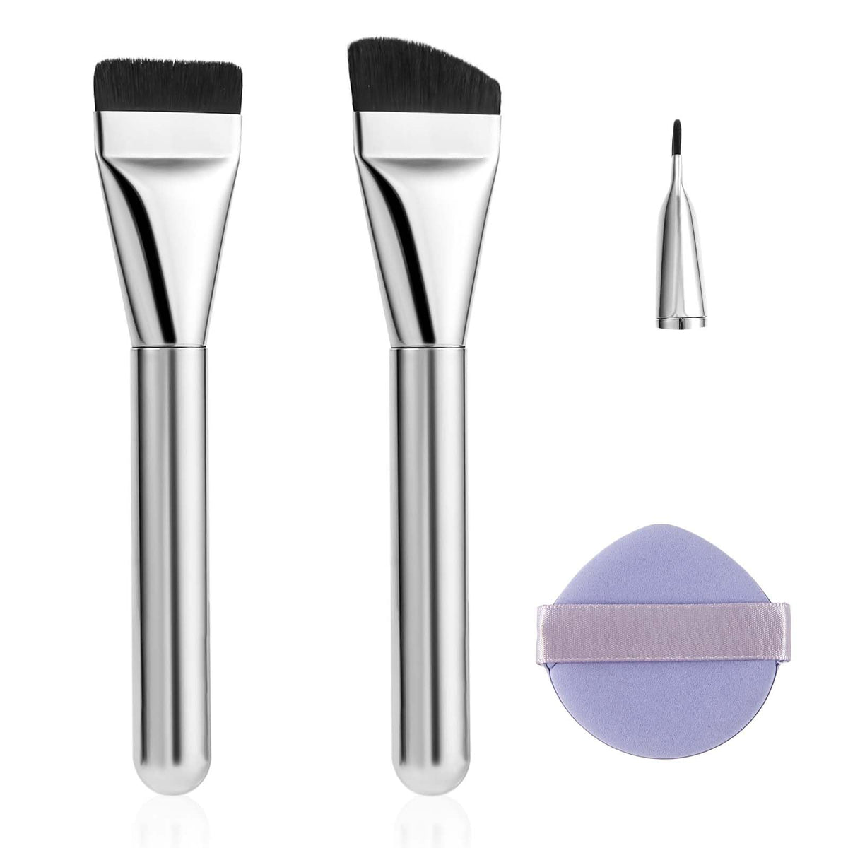 Peutier 3Pcs Foundation Brush Set With Makeup Puff - Flat, Angled, Contoured Brushes For Flawless Makeup