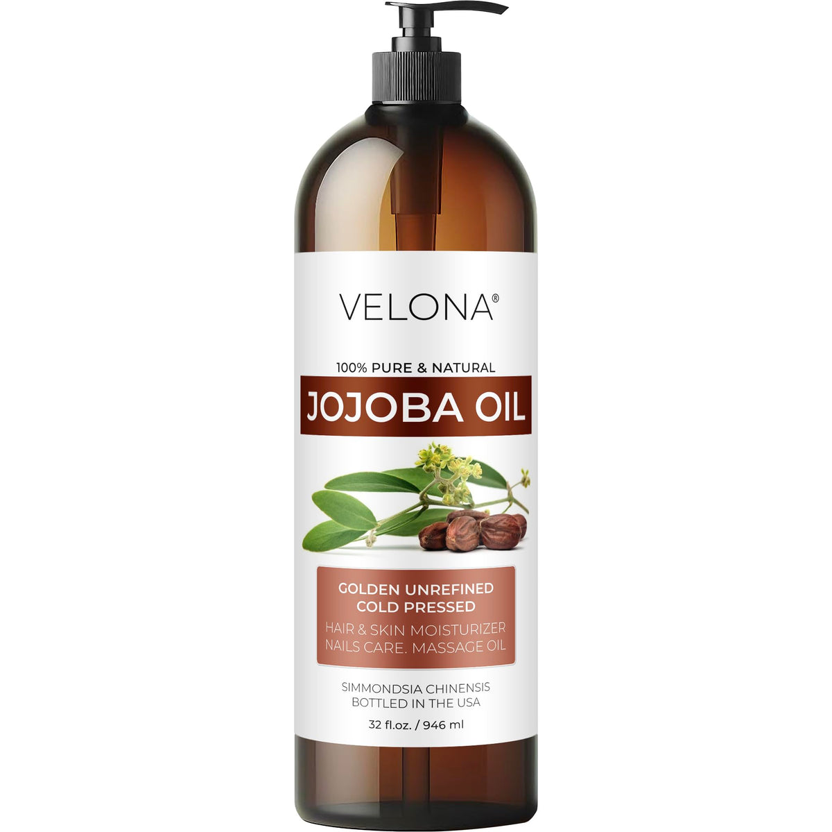 Velona Jojoba Oil 32 Fl Oz - 100% Pure, Natural, Cold Pressed, Hexane Free With Pump