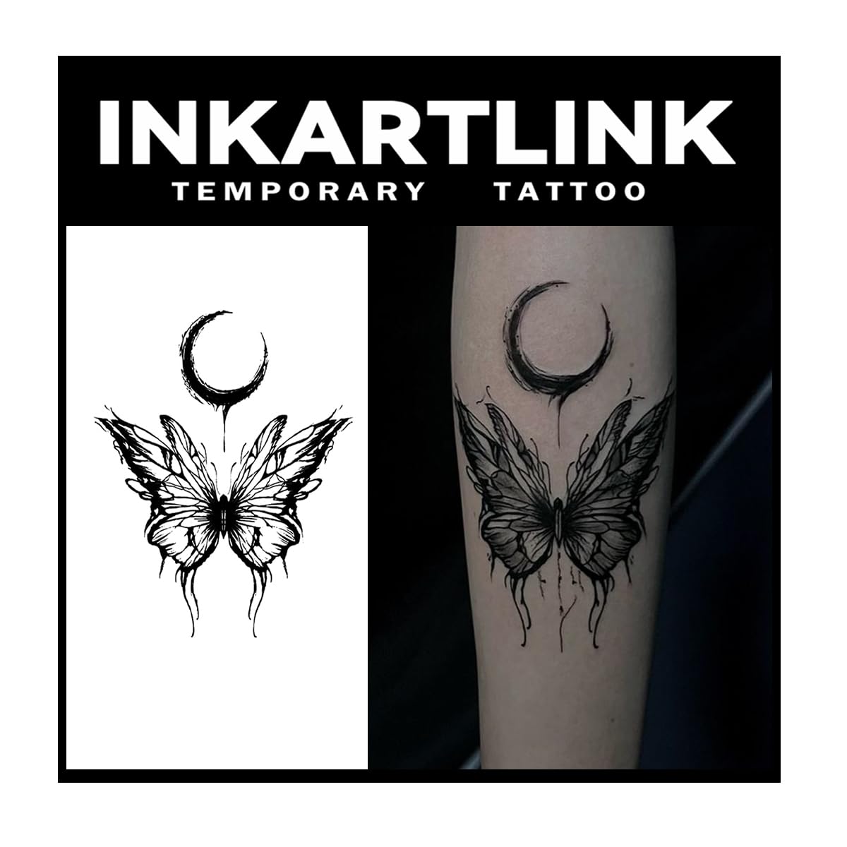 Inkartlink Large Semi-Permanent Moon Butterfly Temporary Tattoo - Waterproof, Realistic, 1-2 Weeks