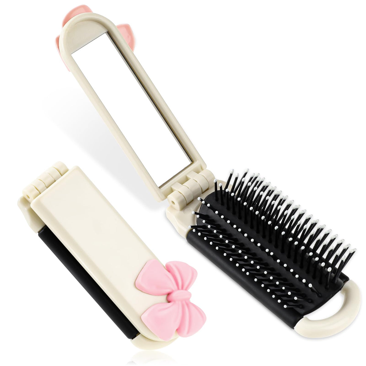 Mozeat Lens Folding Travel Hair Brush With Mirror, Compact Massage Comb - Cream Color