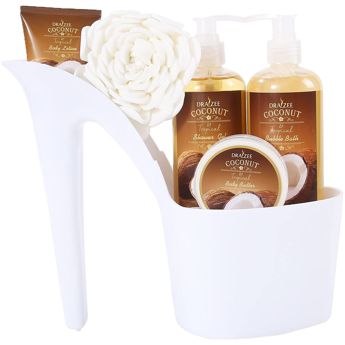 Draizee Spa Gift Set For Women - 5 Pcs Luxury Coconut Scent Relaxation Basket