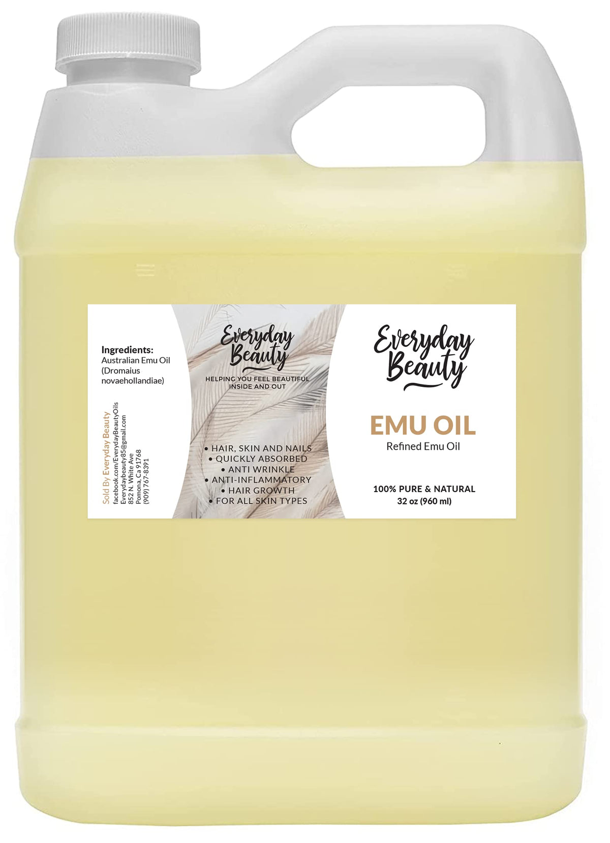 Everyday Beauty Emu Oil - 32 Oz Pure Australian Oil For Face, Skin, Hair & Scars - Sensitive Skin Care