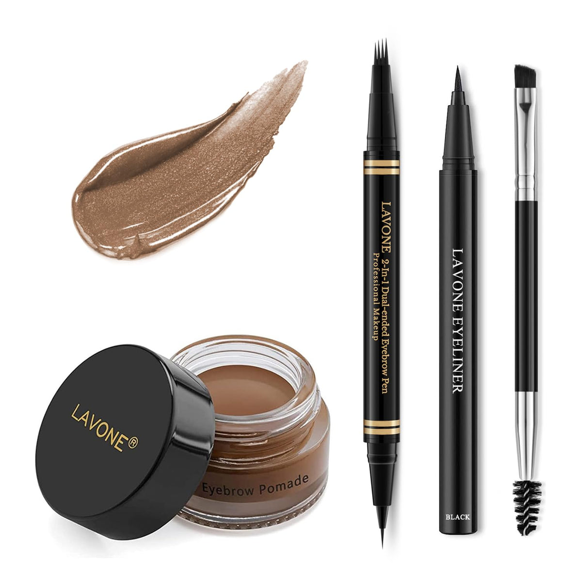 Lavone Eyebrow Pen Makeup Kit - 4 Tip Waterproof Microblading Pencil & Dual-Ended Brush, Soft Brown