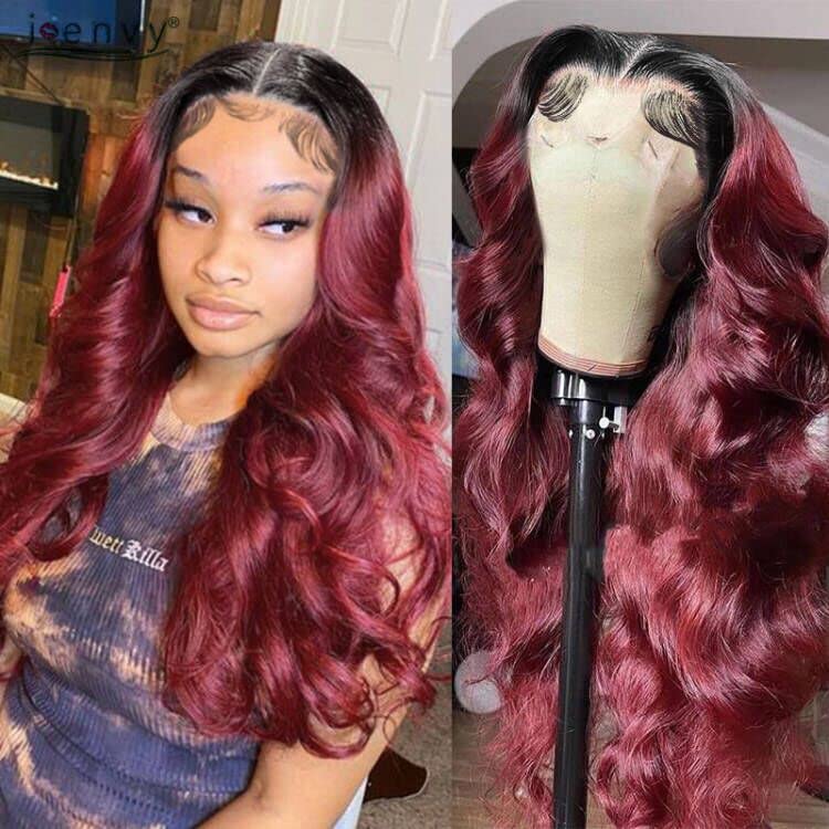 Iupin 1B 99J Lace Front Wig 18&quot; Body Wave Human Hair, Burgundy, Pre Plucked, 150