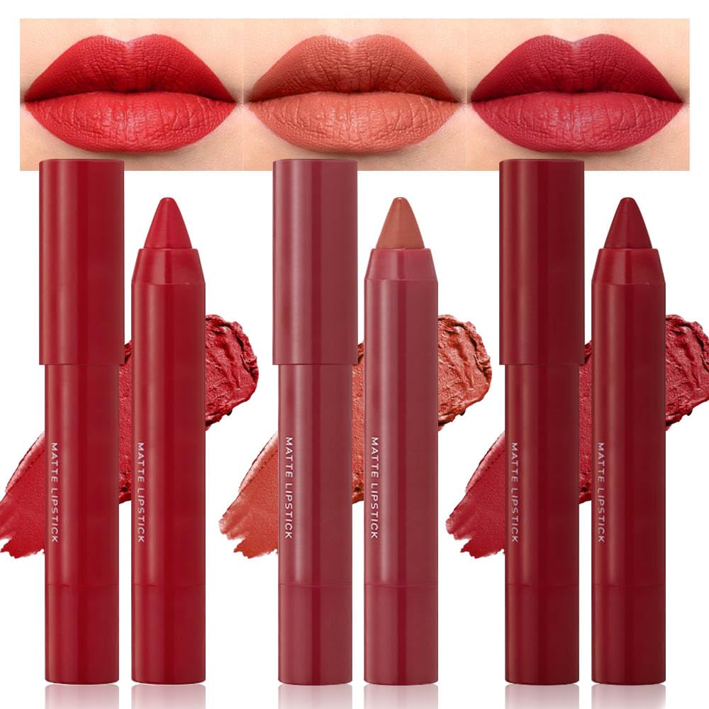 Suake 3-Color Matte Lipstick Crayon Set - Waterproof Velvet Lip Pencils, #08 #09 #10