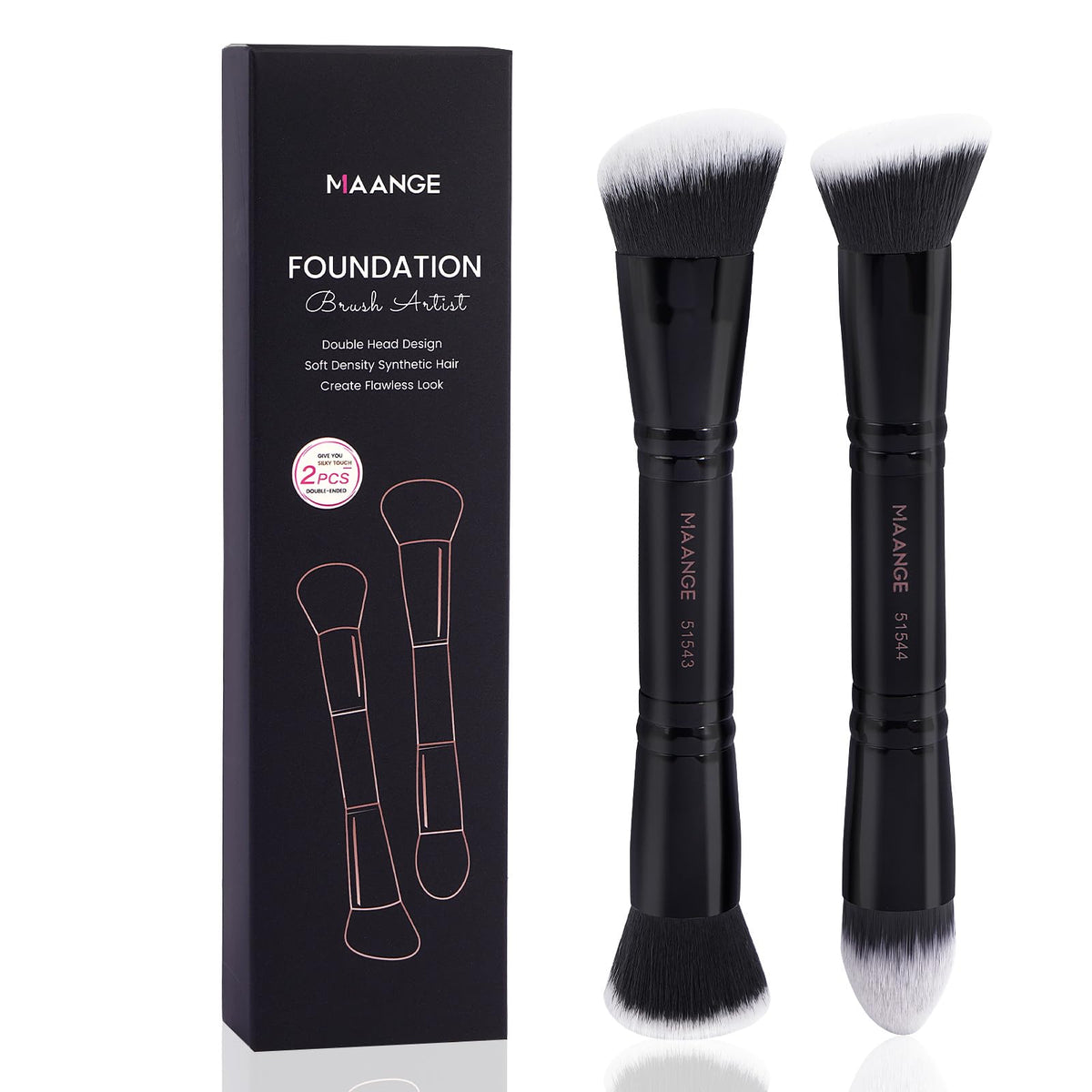 Maange Makeup Brushes Set - 2Pcs Duo End Foundation & Contour Brush - Black Synthetic Tools