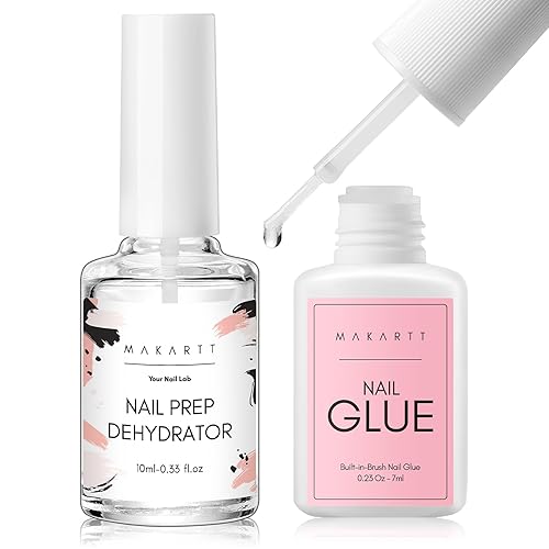 Makartt Nail Glue & Dehydrator Set - 7Ml Brush-On Glue, 10Ml Acid-Free Prep For Press-On Nails