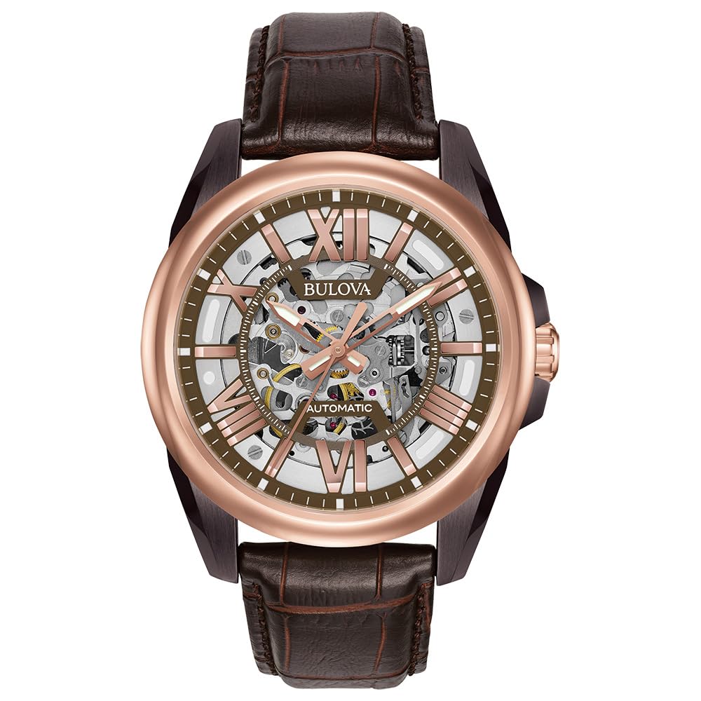 Bulova Men'S Sutton 3-Hand Automatic Watch, Skeleton Dial, 100M Water Resistant, Brown Leather Strap