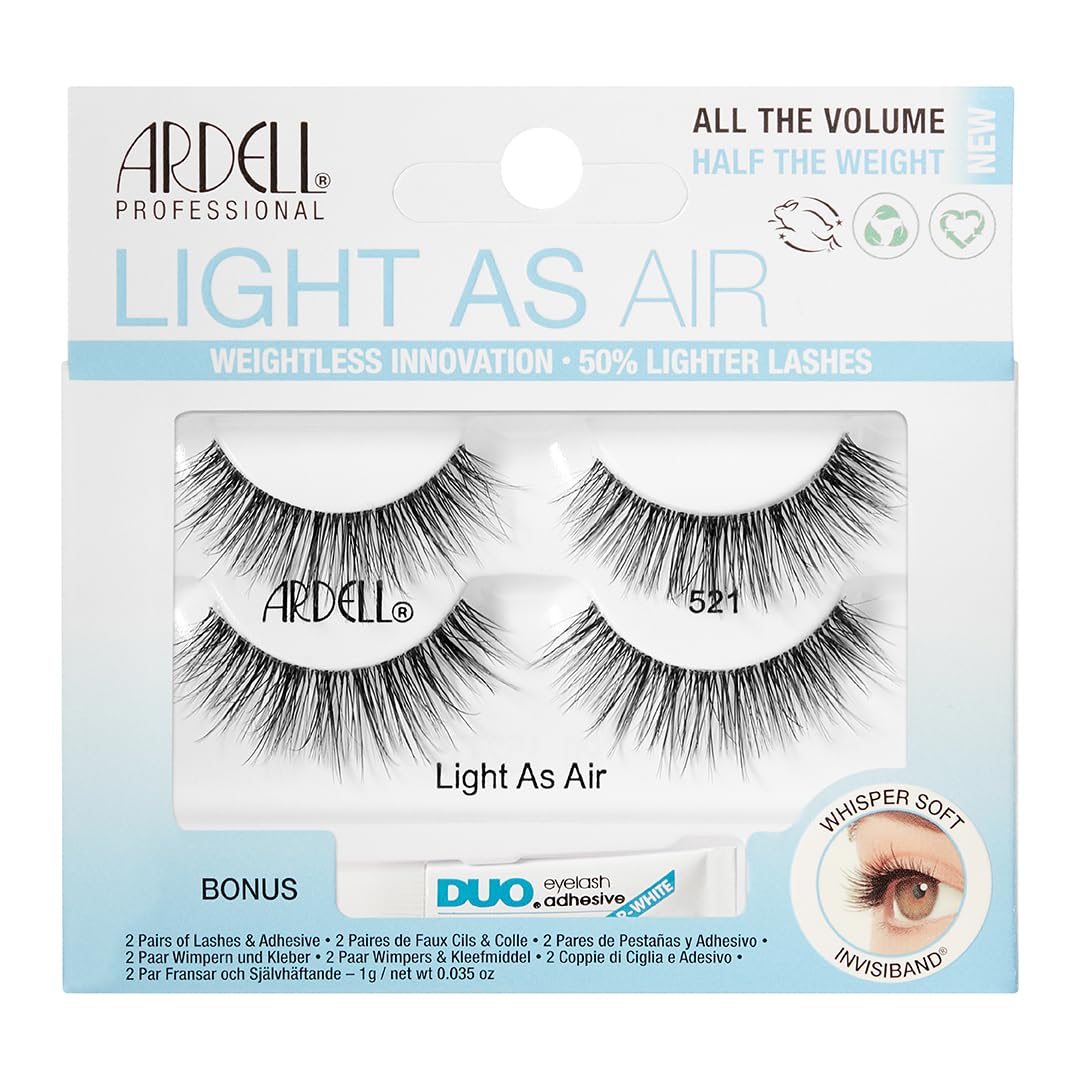 Ardell Light As Air 521 2Pk Lashes + Duo Pipette Adhesive, Hourglass Fibers