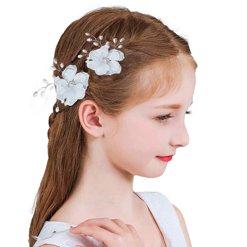 Prdgirl 2Pcs White Floral Hair Pins Headpiece For Women Bridal Bridesmaids Accessories