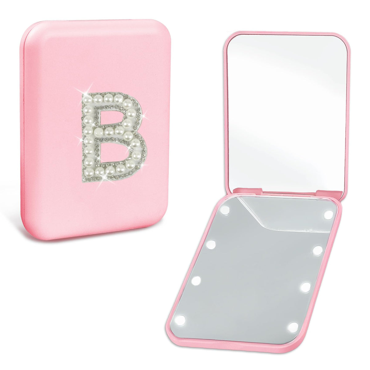 Aganmi Mini Makeup Mirror With Lights, 1X/2X Magnification, Compact Pearl Initial For Women, Teens