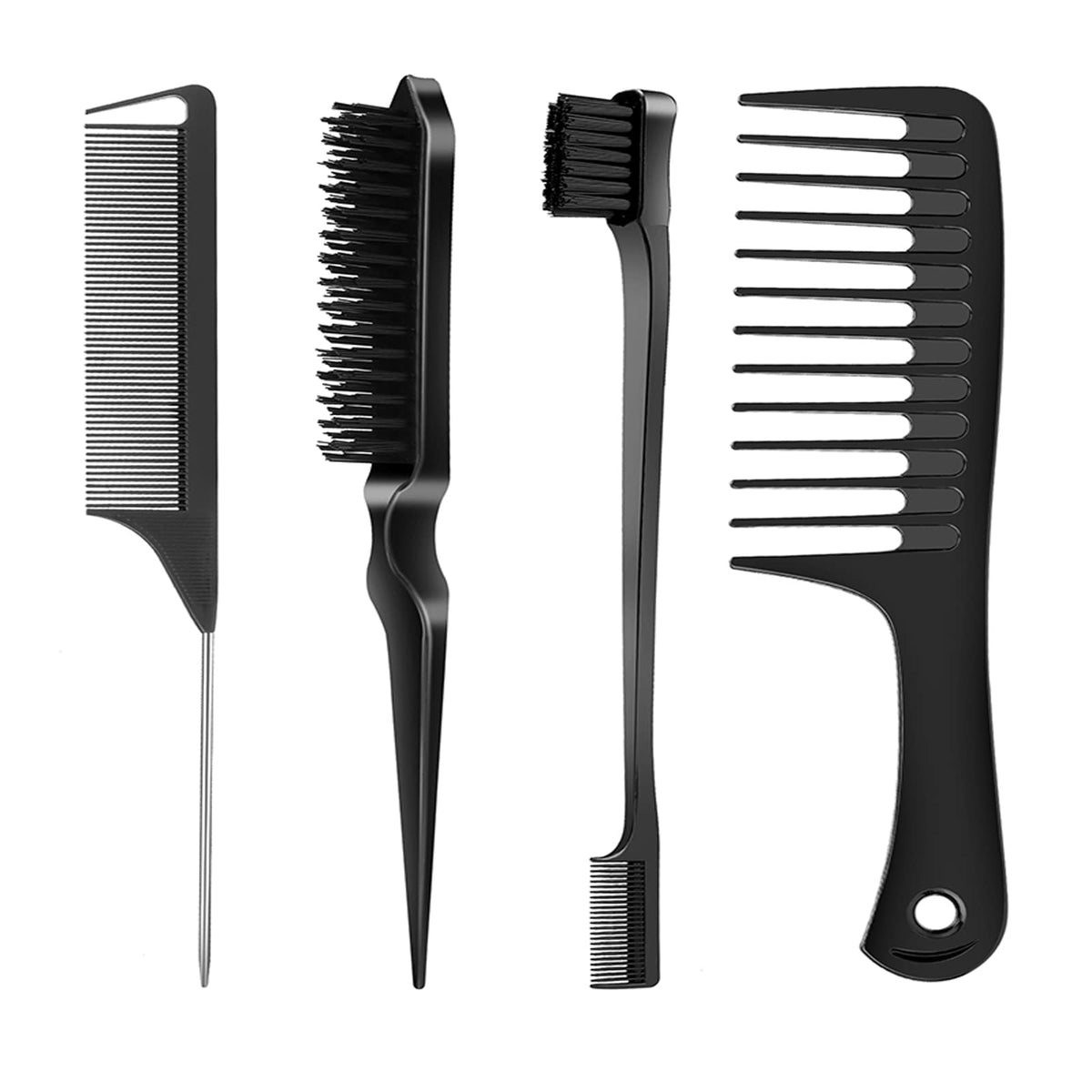 Sweet View 4 Pcs Hair Styling Brush Set - Edge Brush, Bristle Brush, Rat Tail & Wide Tooth Comb