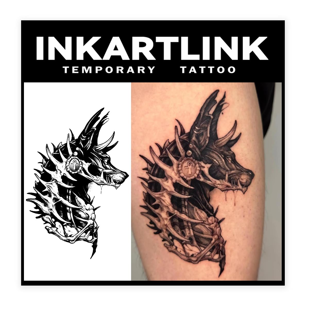 Inkartlink Large Semi Permanent Tattoo - Realistic Skeleton Dog Design, Waterproof, Lasts 1-2 Weeks