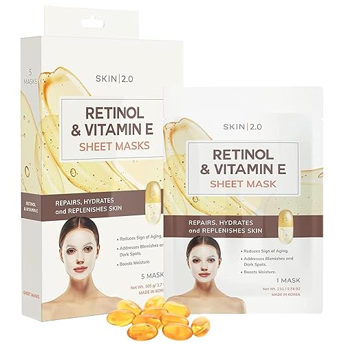 Skin 2.0 Retinol & Vitamin E Sheet Mask - Anti-Aging, Hydrating, Korean Skincare - 5 Masks