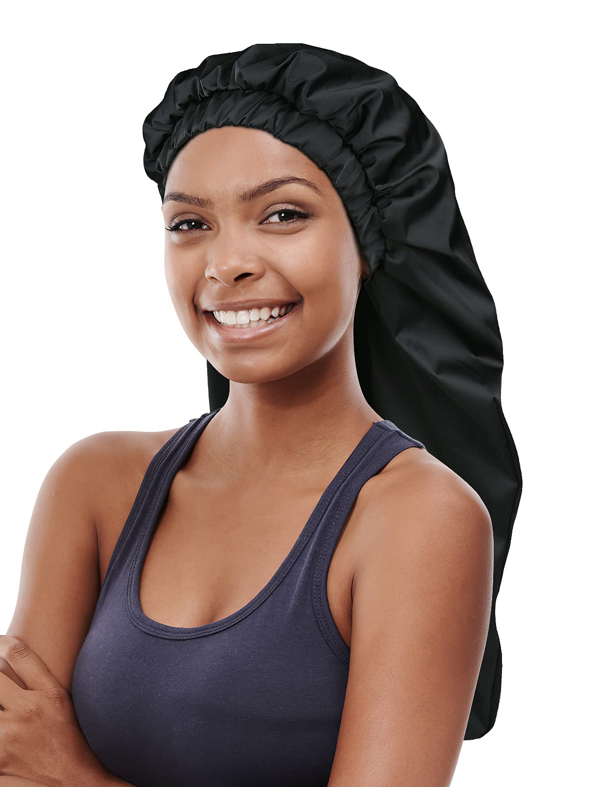 Yuest Super Large Silk Satin Lined Shower Cap For Long Curly Hair Women - Black-Xl