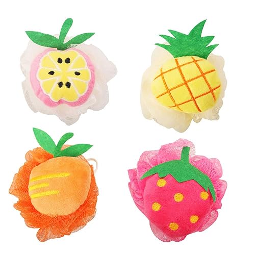 Rocutus 4Pcs Child Bath Shower Sponge Pouf Loofahs - Cute Flower Mesh Brushes For Travel