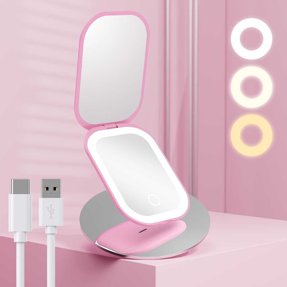 Benbilry Lighted Travel Mirror - 1X/3X Magnifying, Portable, Pink, Rechargeable, Ultra Slim