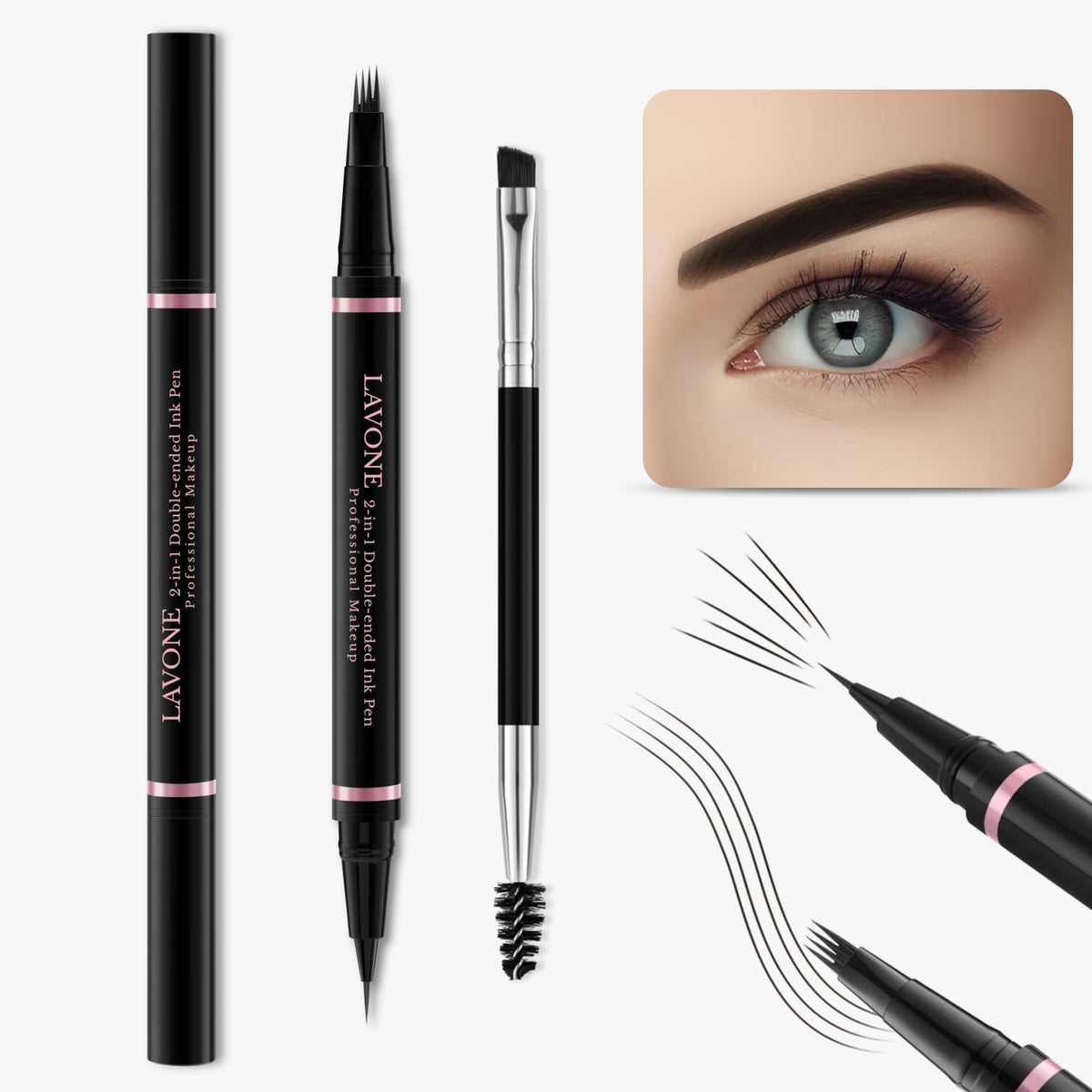 Lavone 2-In-1 Waterproof Eyebrow Pencil & Pen - Ebony, Dual-Ended Brush For Natural Eyebrows