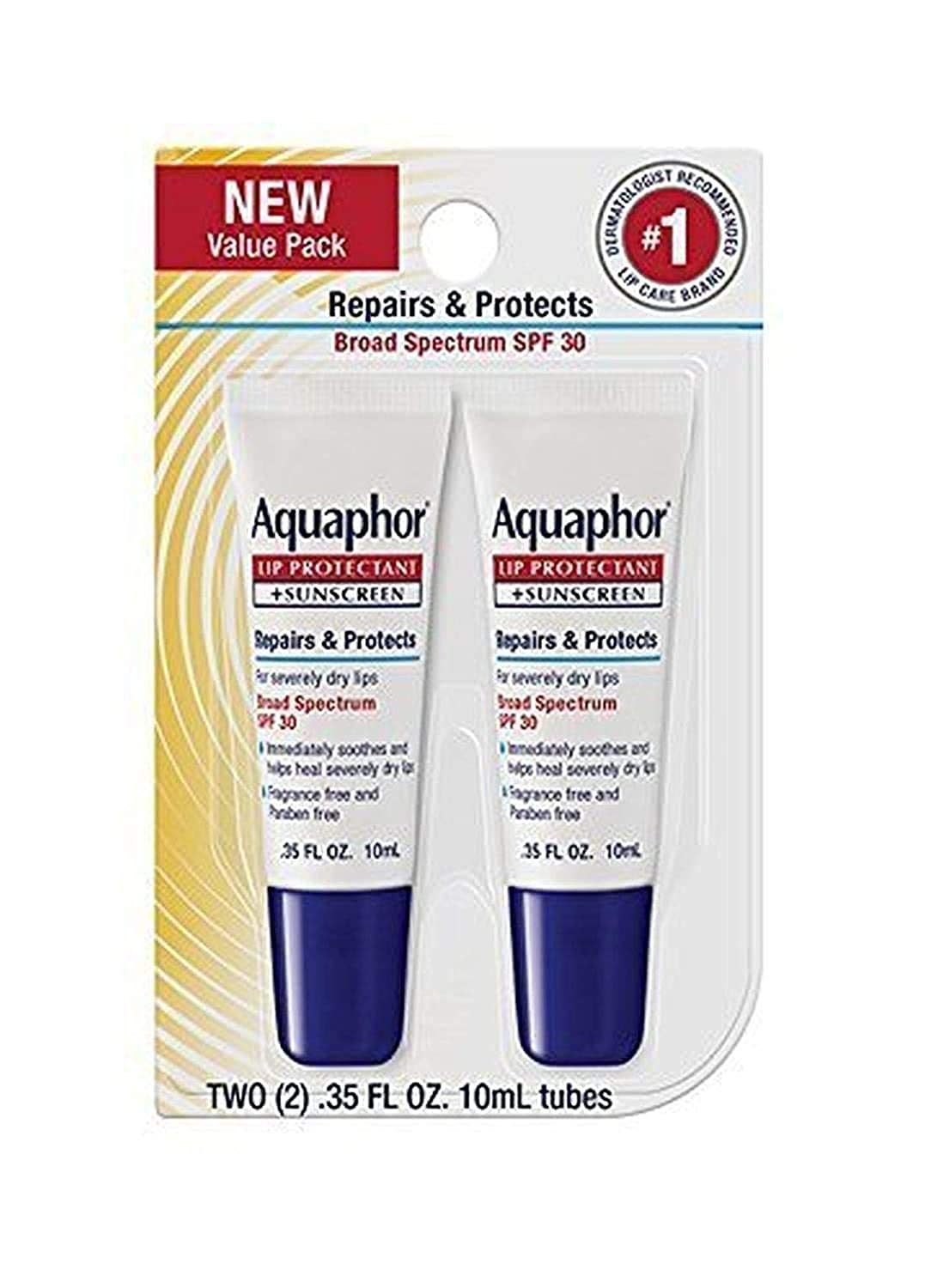 Aquaphor Lip Repair & Protect Dual Pack, 0.35 Oz Cream White Tube For Healthy Lips