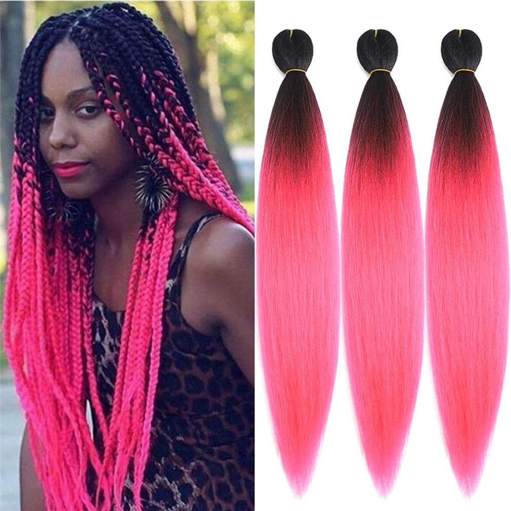 Balinghair 28 Inch Pre Stretched Kanekalon Braiding Hair Ombre Black To Peach Red - 3 Packs