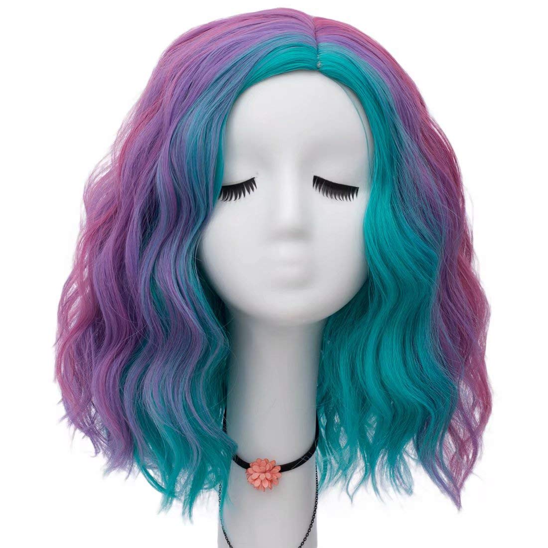 Nicelisa 16&quot; Multicolor Curly Wave Wig - Blue Purple Rainbow Fashion Cosplay Party