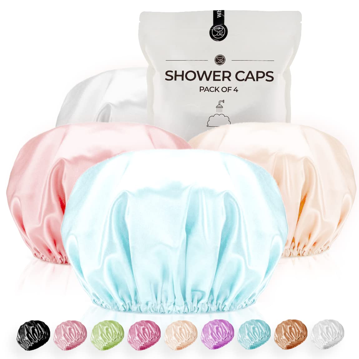 Whalelife Extra Large Reusable Shower Caps For Women & Men - 4 Pack, Waterproof Satin