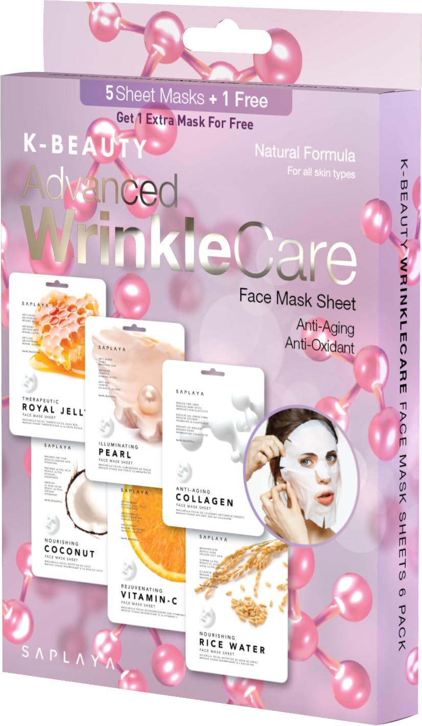 Saplaya K-Beauty Multi-Pack Face Masks For Wrinkle Care - 6 Count, Natural Ingredients