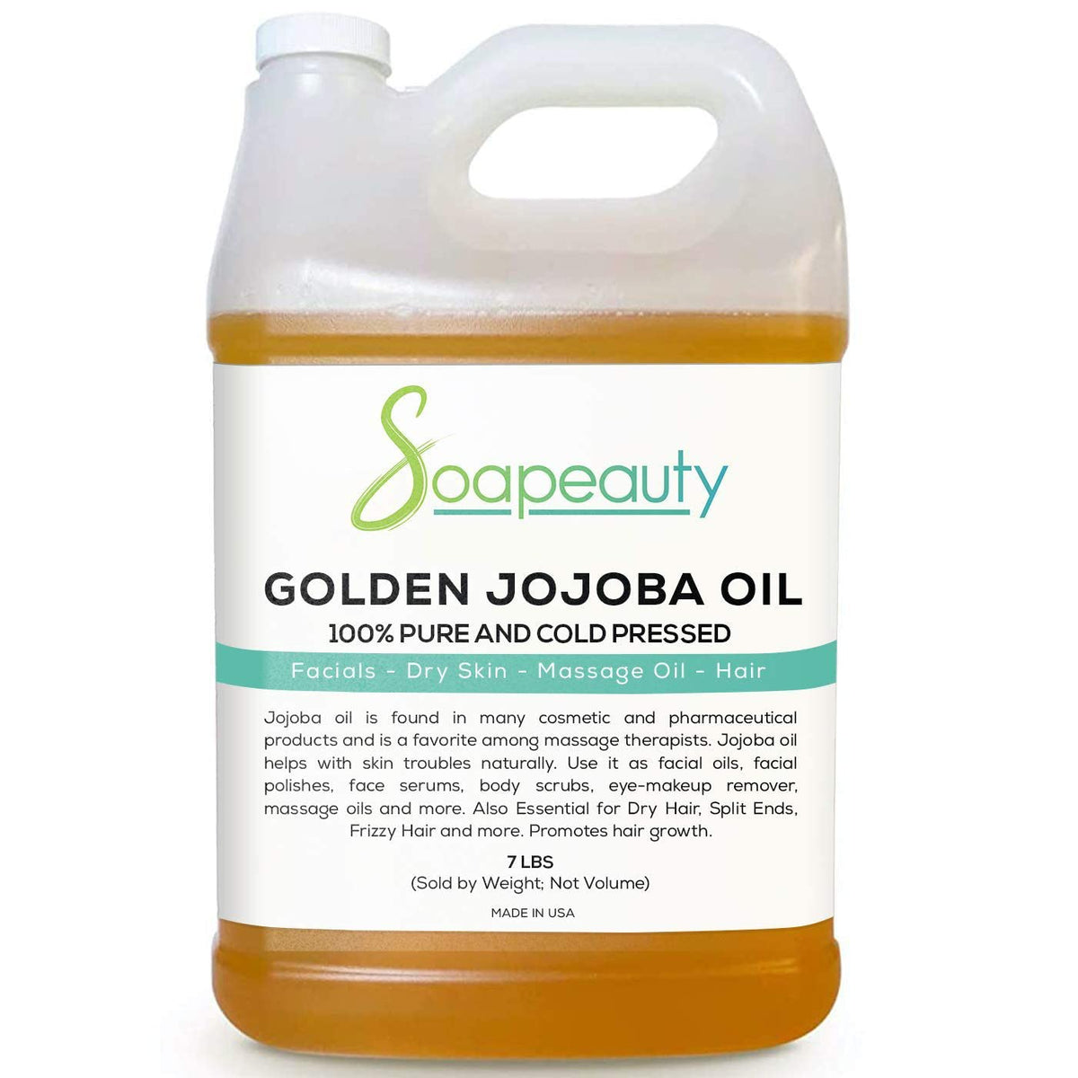 Soapeauty 100% Natural Golden Jojoba Oil - Cold Pressed Carrier Oil for Skin & Hair Growth - 7 lb